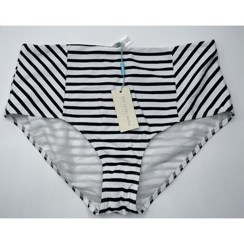 Sea Level Swim Bikini Bottom Womens Size 12‎ White Black Striped Panelled High
